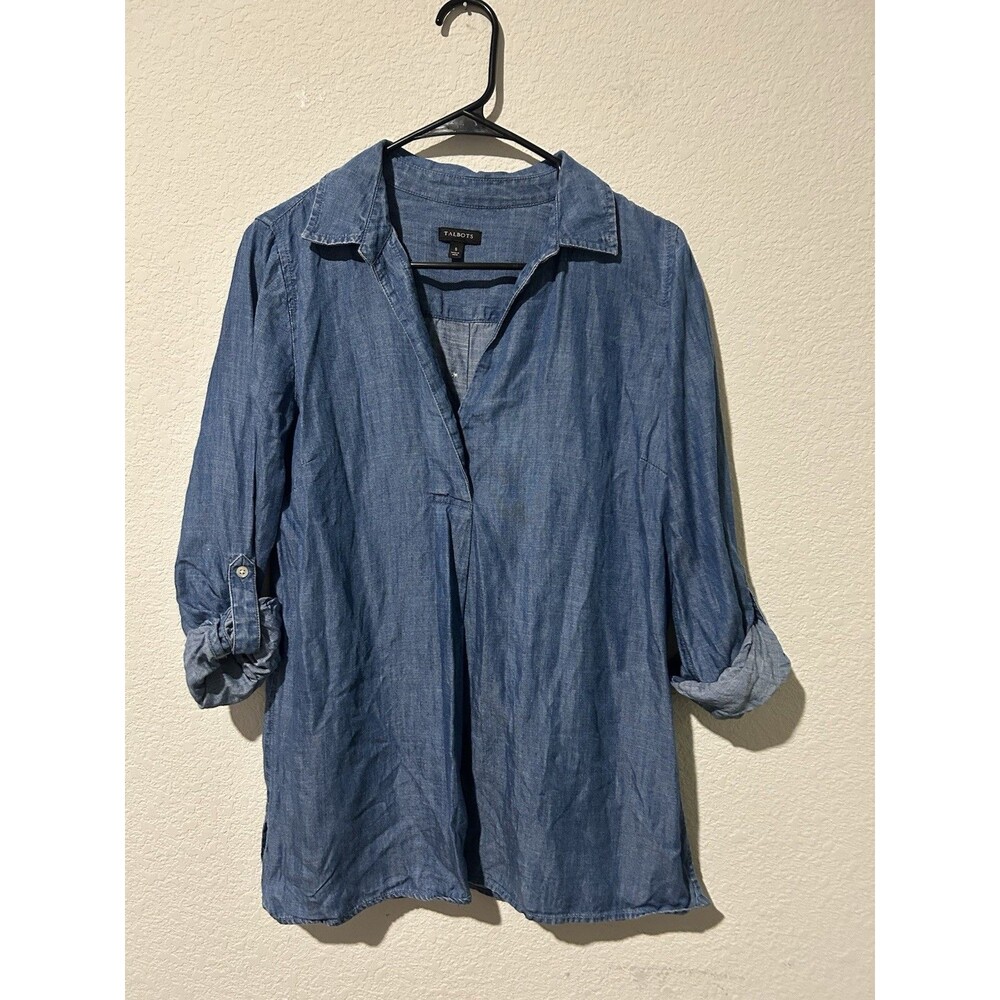 Talbots Top Women Small Blue Chambray Popover 3/4 Roll Tab Sleeve Tencel Lyocell